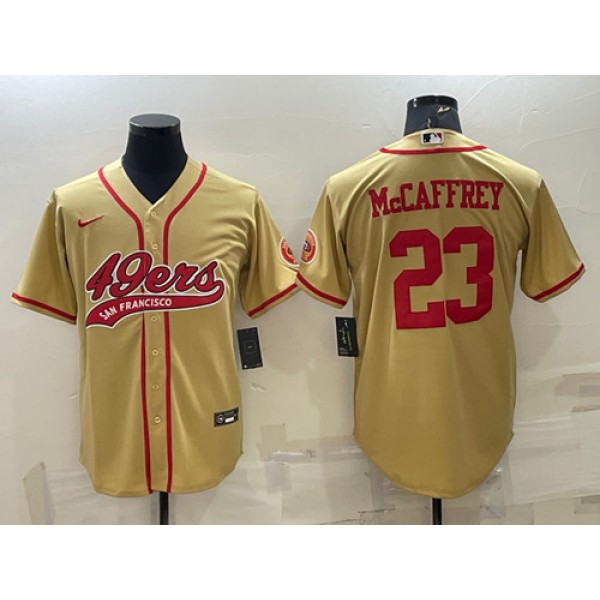 San Francisco 49ers #23 Christian McCaffrey Gold With Patch Cool Base Stitched Baseball Jersey