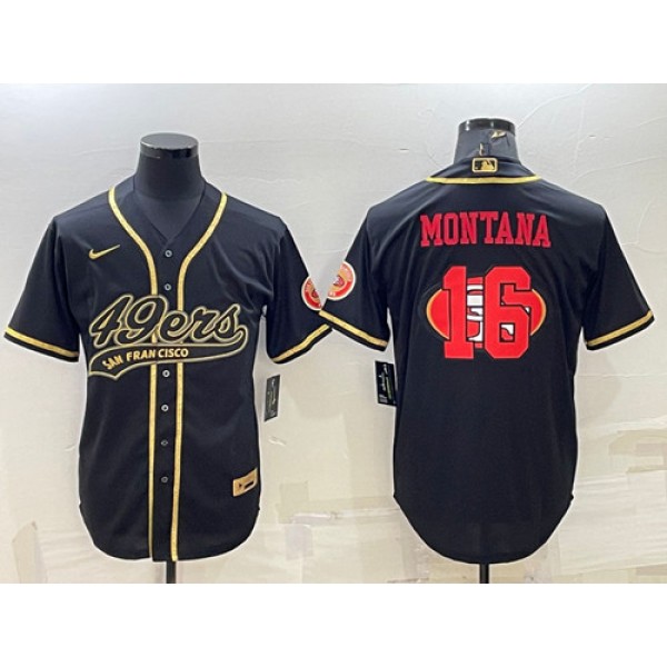 San Francisco 49ers #16 Joe Montana Black Gold Team Big Logo With Patch Cool Base Stitched Baseball Jersey