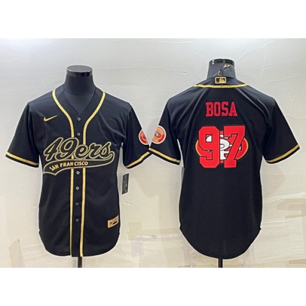 San Francisco 49ers #97 Nick Bosa Black Gold Team Big Logo With Patch Cool Base Stitched Baseball Jersey