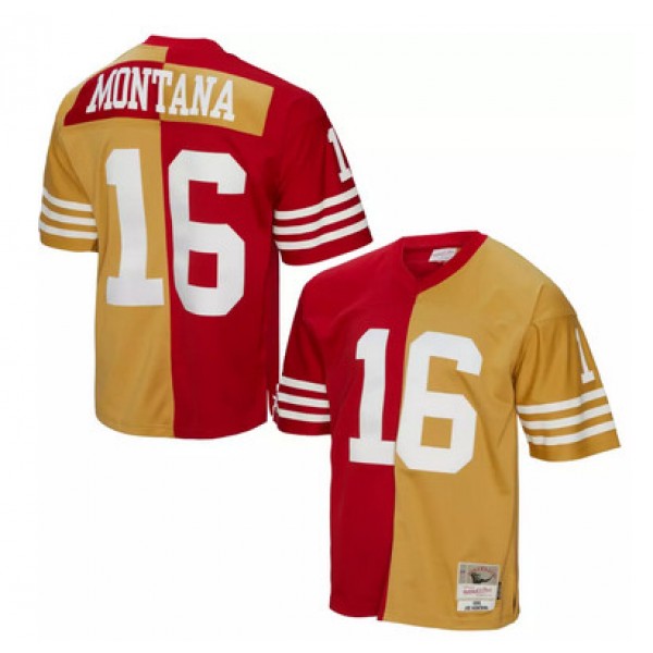 San Francisco 49ers #16 Joe Montana Red Gold Split 1990 Throwback Stitched Jersey