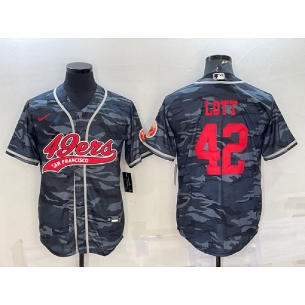 San Francisco 49ers #42 Ronnie Lott Grey Red Camo With Patch Cool Base Stitched Baseball Jersey