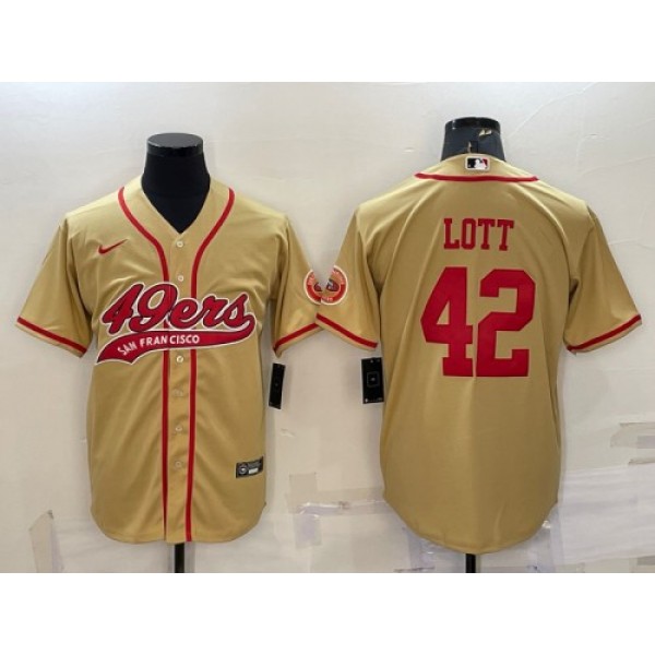 San Francisco 49ers #42 Ronnie Lott Gold With Patch Cool Base Stitched Baseball Jersey