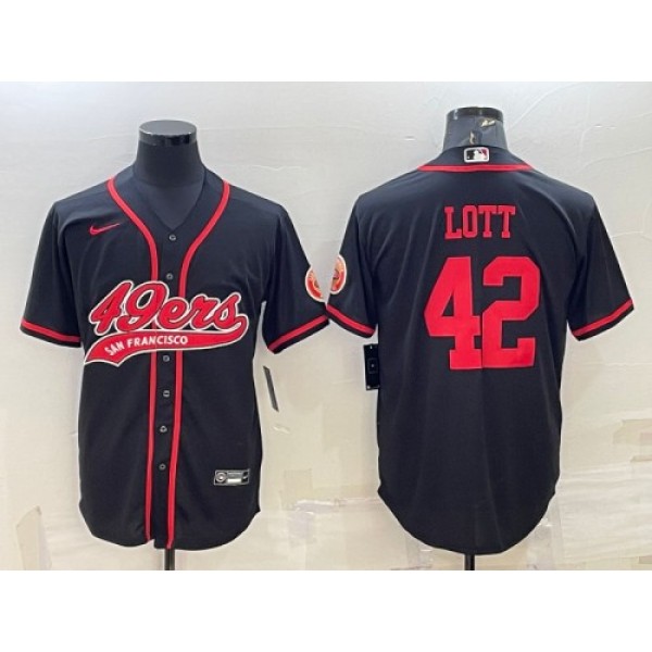 San Francisco 49ers #42 Ronnie Lott Black With Patch Cool Base Stitched Baseball Jersey