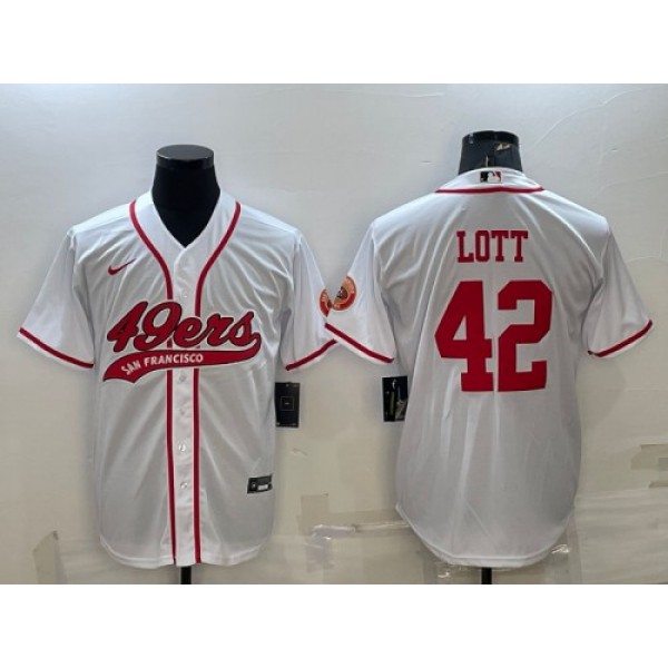San Francisco 49ers #42 Ronnie Lott White With Patch Cool Base Stitched Baseball Jersey