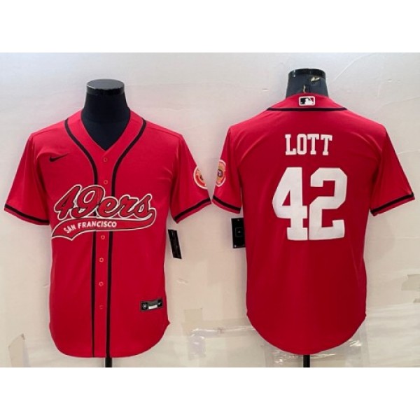 San Francisco 49ers #42 Ronnie Lott Red With Patch Cool Base Stitched Baseball Jersey