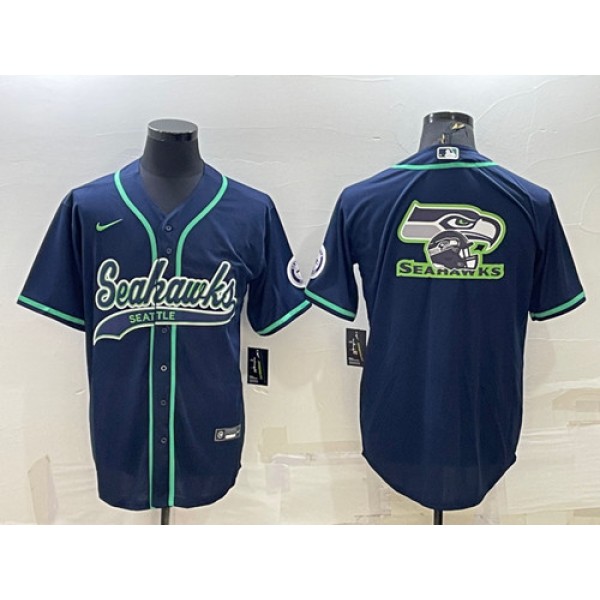 Seattle Seahawks Navy Team Big Logo With Patch Cool Base Stitched Baseball Jersey