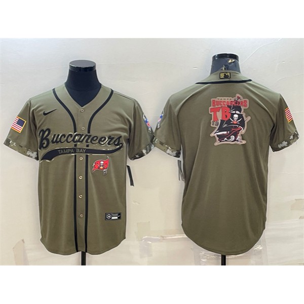 Tampa Bay Buccaneers Olive 2022 Salute To Service Team Big Logo Cool Base Stitched Baseball Jersey
