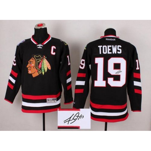 Blackhawks #19 Jonathan Toews Black Autographed Stitched Jersey