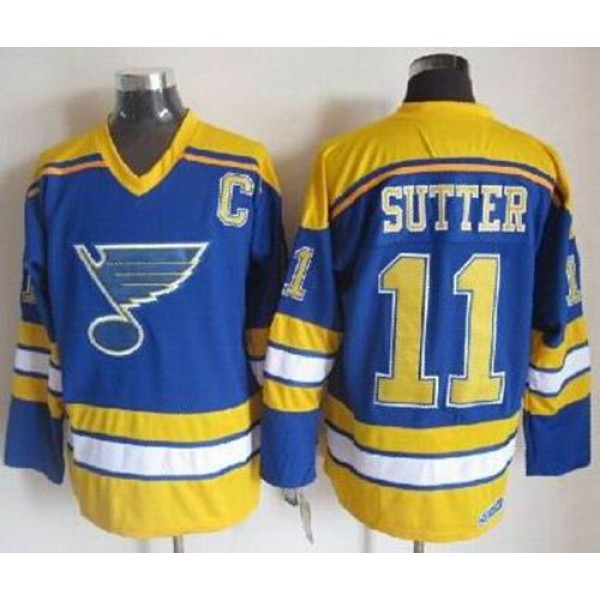 Blues #11 Brian Sutter Light Blue Yellow CCM Throwback Stitched Jersey