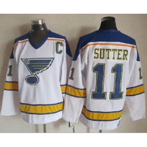 Blues #11 Brian Sutter White Yellow CCM Throwback Stitched Jersey