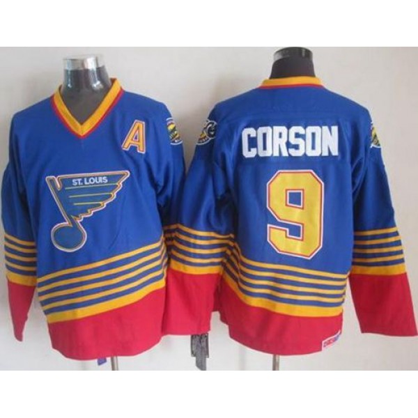Blues #9 Shayne Corson Light Blue Red CCM Throwback Stitched Jersey