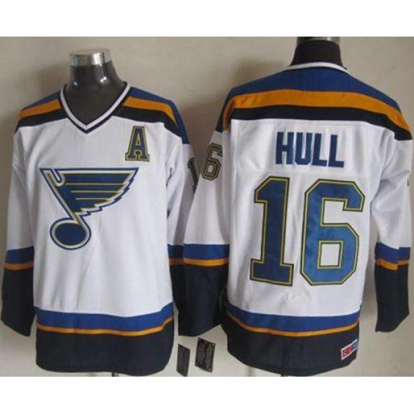 Blues #16 Brett Hull White Navy CCM Throwback Stitched Jersey