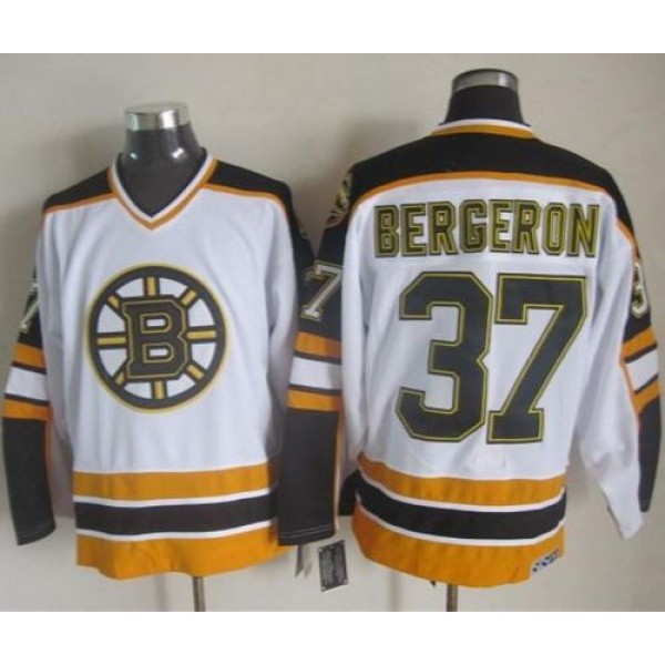 Bruins #37 Patrice Bergeron White Black CCM Throwback Stitched Jersey