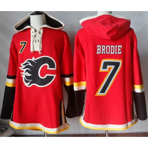 Flames #7 TJ Brodie Red Sawyer Hooded Sweatshirt Stitched Jersey