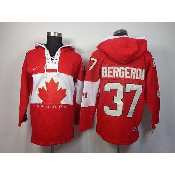 Olympic CA. #37 Patrice Bergeron Red Sawyer Hooded Sweatshirt Stitched Jersey