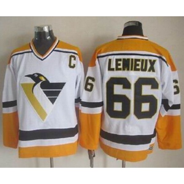 Penguins #66 Mario Lemieux White Yellow CCM Throwback Stitched Jersey