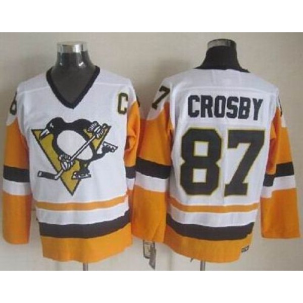 Penguins #87 Sidney Crosby White Black CCM Throwback Stitched Jersey