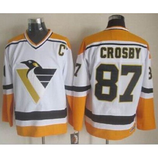 Penguins #87 Sidney Crosby White Yellow CCM Throwback Stitched Jersey