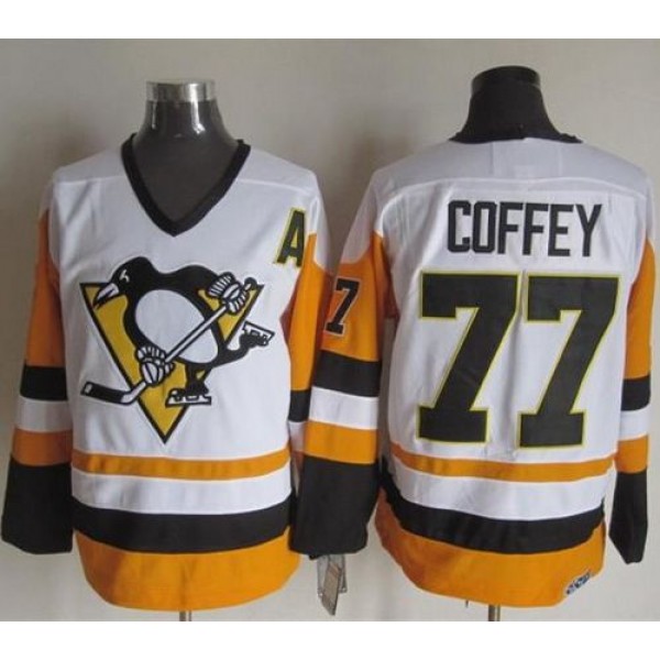Penguins #77 Paul Coffey White Black CCM Throwback Stitched Jersey