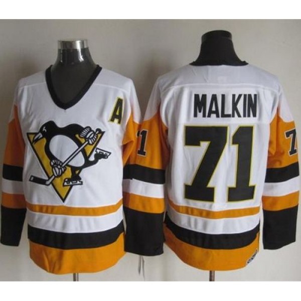 Penguins #71 Evgeni Malkin White Black CCM Throwback Stitched Jersey