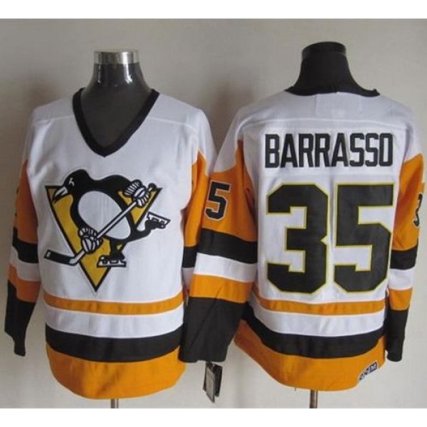 Penguins #35 Tom Barrasso White Black CCM Throwback Stitched Jersey