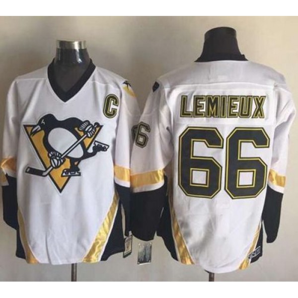Penguins #66 Mario Lemieux White CCM Throwback Stitched Jersey