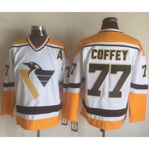 Penguins #77 Paul Coffey White Yellow CCM Throwback Stitched Jersey