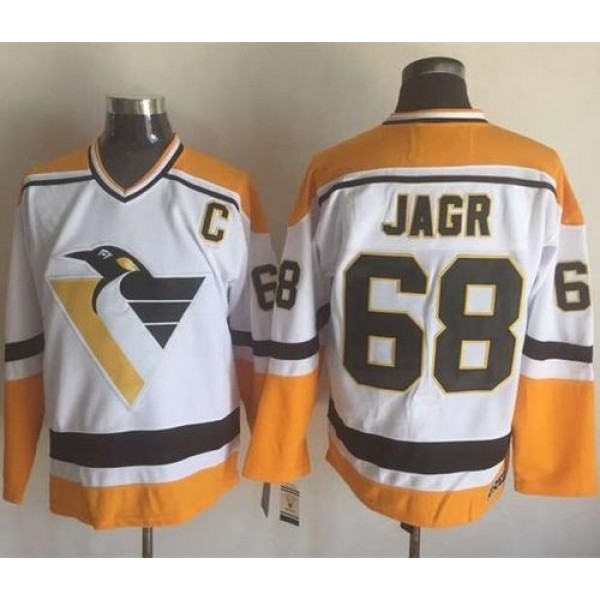 Penguins #68 Jaromir Jagr White Yellow CCM Throwback Stitched Jersey