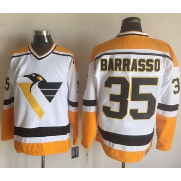 Penguins #35 Tom Barrasso White Yellow CCM Throwback Stitched Jersey