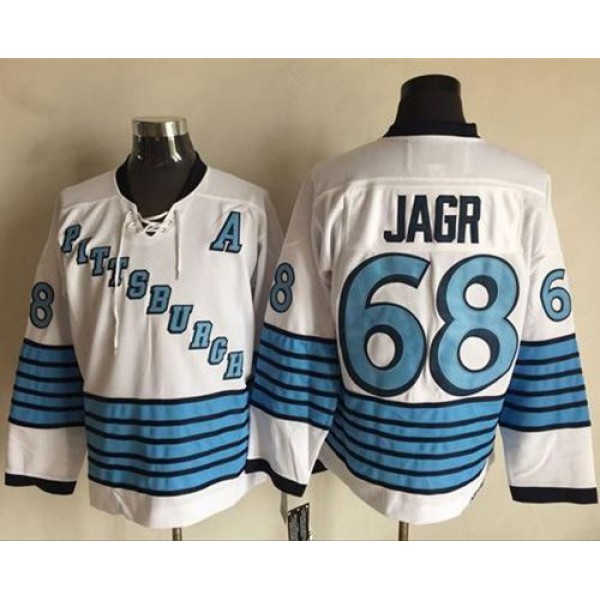 Penguins #68 Jaromir Jagr White Light Blue CCM Throwback Stitched Jersey