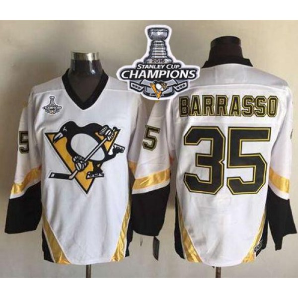 Penguins #35 Tom Barrasso White CCM Throwback 2016 Stanley Cup Champions Stitched Jersey