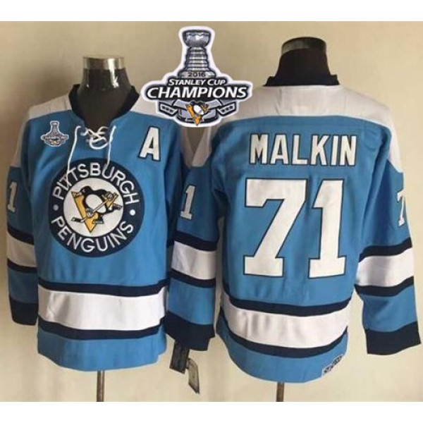 Penguins #71 Evgeni Malkin Blue Alternate CCM Throwback 2016 Stanley Cup Champions Stitched Jersey