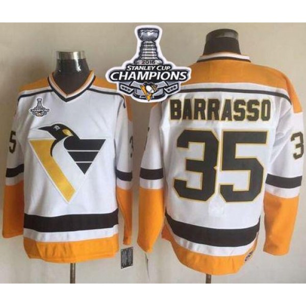 Penguins #35 Tom Barrasso White Yellow CCM Throwback 2016 Stanley Cup Champions Stitched Jersey