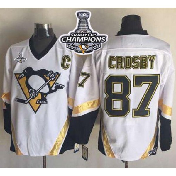 Penguins #87 Sidney Crosby White CCM Throwback 2016 Stanley Cup Champions Stitched Jersey