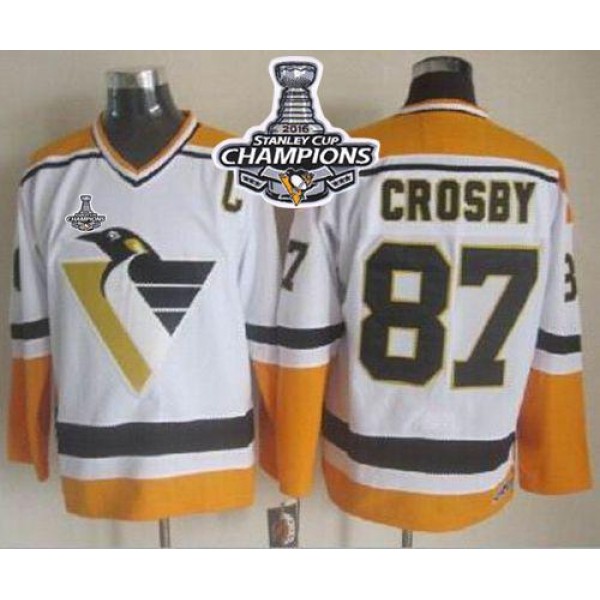 Penguins #87 Sidney Crosby White Yellow CCM Throwback 2016 Stanley Cup Champions Stitched Jersey