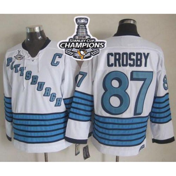 Penguins #87 Sidney Crosby White Light Blue CCM Throwback 2016 Stanley Cup Champions Stitched Jersey