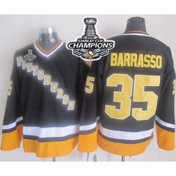 Penguins #35 Tom Barrasso Black Yellow CCM Throwback 2016 Stanley Cup Champions Stitched Jersey