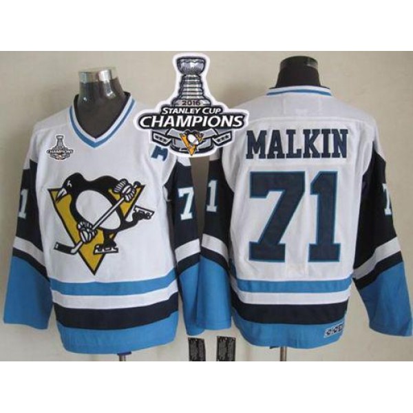 Penguins #71 Evgeni Malkin White Blue CCM Throwback 2016 Stanley Cup Champions Stitched Jersey