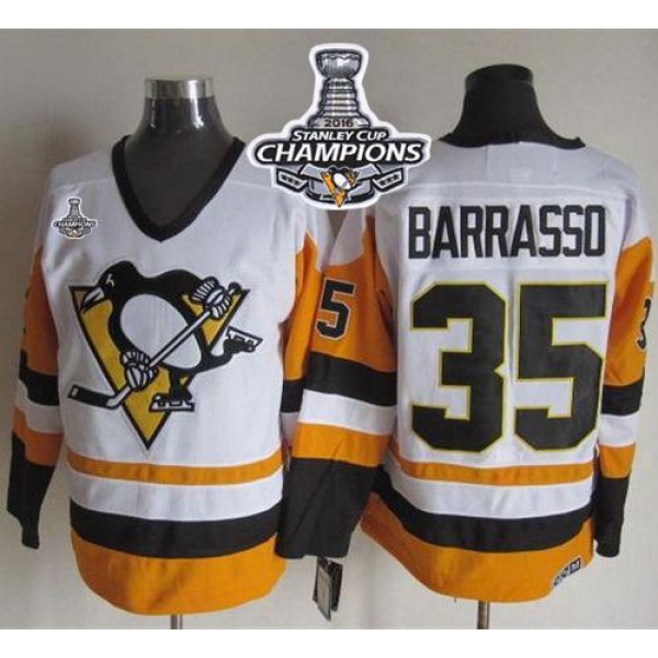 Penguins #35 Tom Barrasso White Black CCM Throwback 2016 Stanley Cup Champions Stitched Jersey
