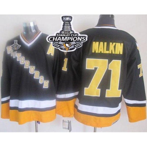 Penguins #71 Evgeni Malkin Black Yellow CCM Throwback 2016 Stanley Cup Champions Stitched Jersey