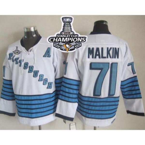 Penguins #71 Evgeni Malkin White Light Blue CCM Throwback 2016 Stanley Cup Champions Stitched Jersey