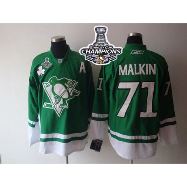 Penguins #71 Evgeni Malkin Green St Patty's Day 2016 Stanley Cup Champions Stitched Jersey