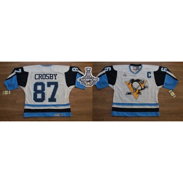Penguins #87 Sidney Crosby White Blue CCM Throwback 2016 Stanley Cup Champions Stitched Jersey
