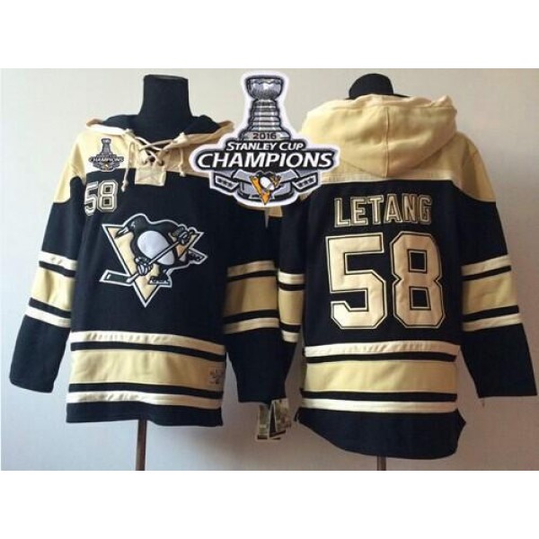 Penguins #58 Kris Letang Black Sawyer Hooded Sweatshirt 2016 Stanley Cup Champions Stitched Jersey