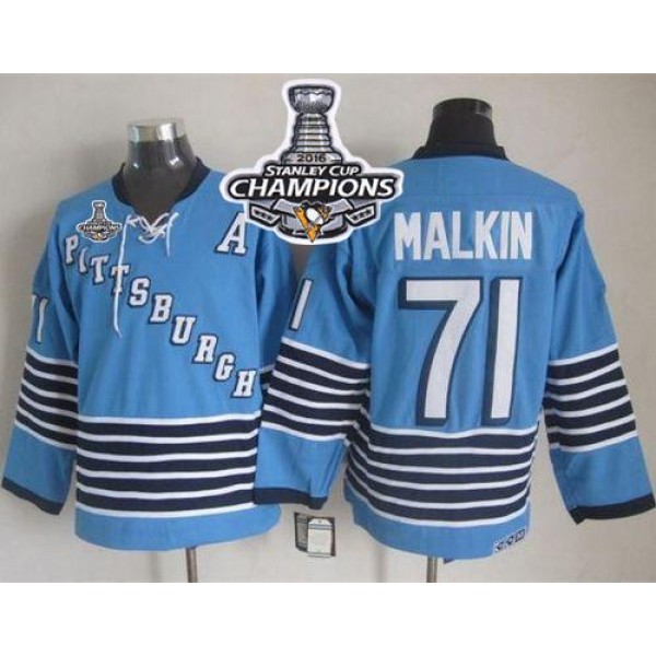 Penguins #71 Evgeni Malkin Light Blue CCM Throwback 2016 Stanley Cup Champions Stitched Jersey