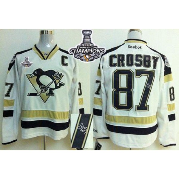 Penguins #87 Sidney Crosby White 2014 Stadium Series Autographed 2016 Stanley Cup Champions Stitched Jersey