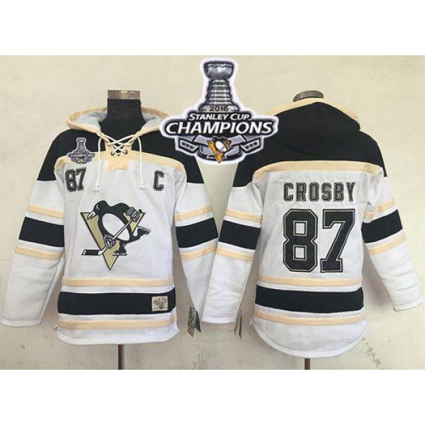 Penguins #87 Sidney Crosby White Sawyer Hooded Sweatshirt 2016 Stanley Cup Champions Stitched Jersey