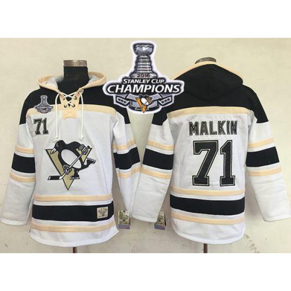 Penguins #71 Evgeni Malkin White Sawyer Hooded Sweatshirt 2016 Stanley Cup Champions Stitched Jersey