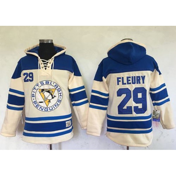 Penguins #29 Andre Fleury Cream Sawyer Hooded Sweatshirt Stitched Jersey