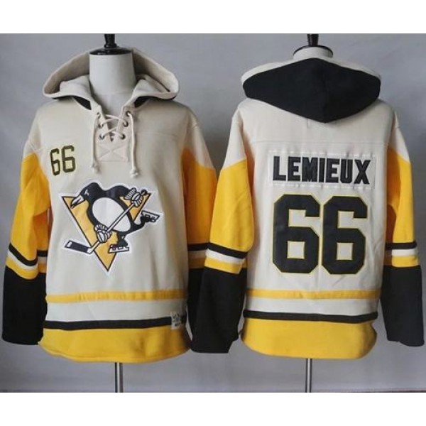 Penguins #66 Mario Lemieux Cream Gold Sawyer Hooded Sweatshirt Stitched Jersey